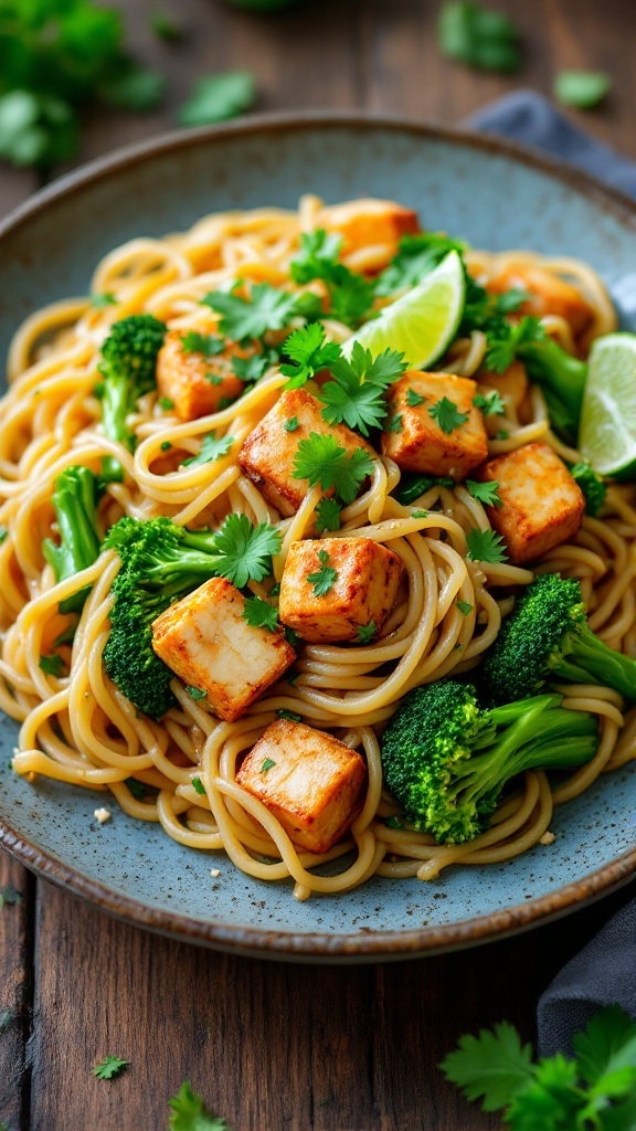 A vibrant plate of Vegan Pad See Ew with tofu and vegetables, garnished with lime and cilantro on a wooden table.